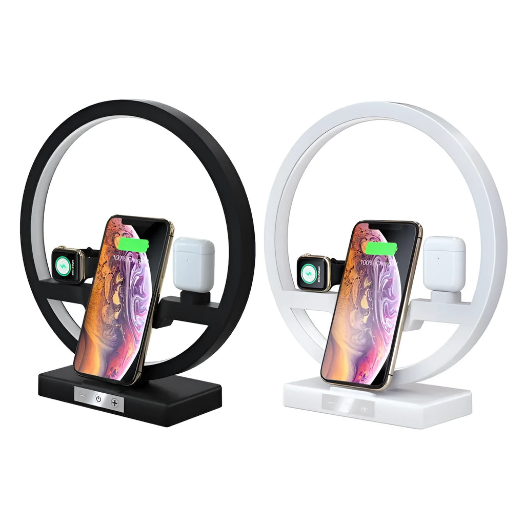 3 in 1 wireless charger stand with table lamp for phone watch and headset in black