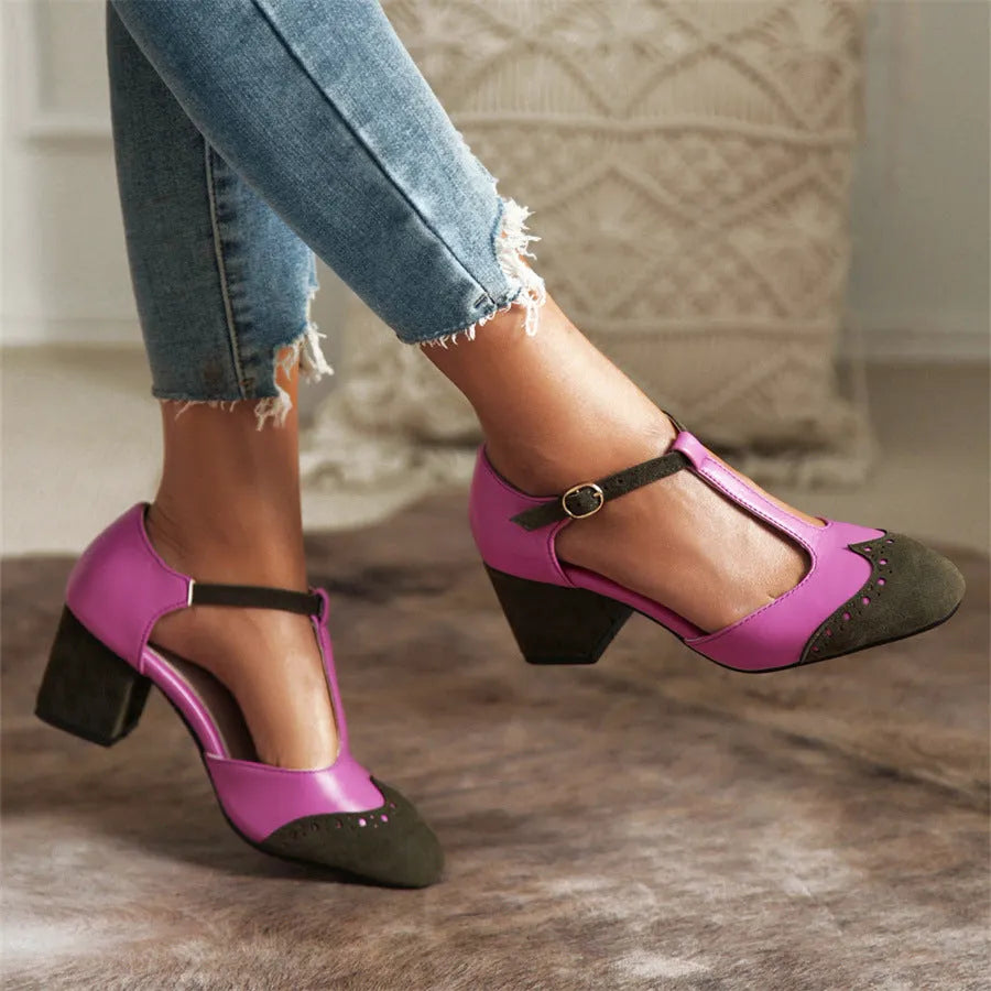 Women's two-tone T-strap high-heel sandals in green and purple with buckle fastening and round toe