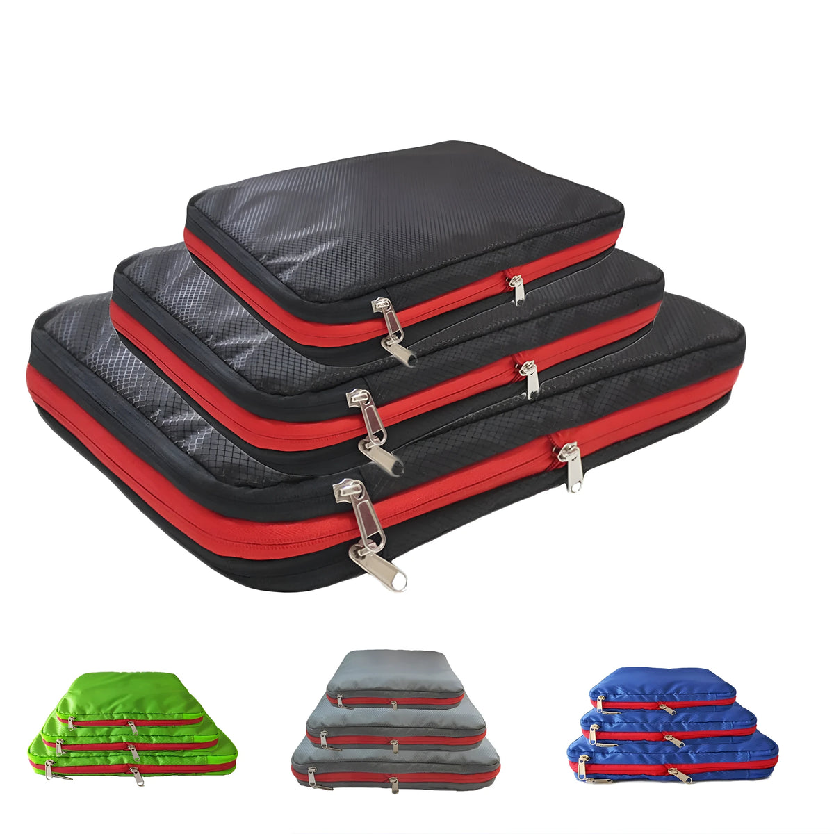 Waterproof nylon travel compression storage bag in cube shape, double-layer compressible, available in green, blue, black, grey, three sizes