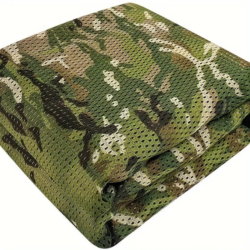 Polyester camouflage mesh fabric with square jacquard weave, six-side rhombus pattern, in bionic tree camouflage.