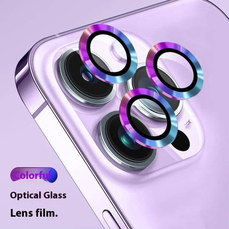 Tempered glass rear camera sticker for iPhone in Midnight Black, showing 8K lossless optical glass and anti-glare surface.
