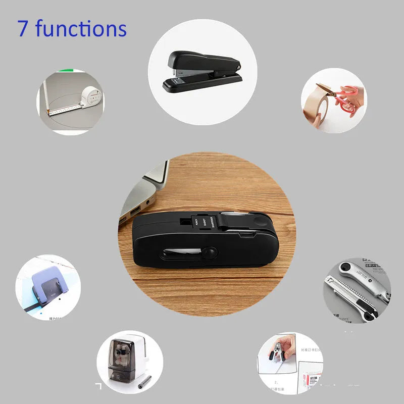 KOONSLED multifunctional mini stapler in black with built-in staple remover on desk