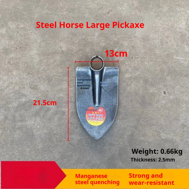 Agricultural pointed hoe plough tool with manganese steel quenched head for soil work.