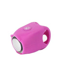 Electronic bicycle horn with plastic housing in six colour options showing compact dimensions for handlebar mounting