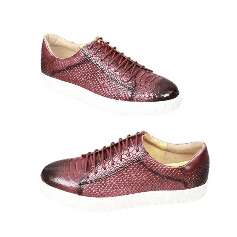 Men's lace-up embossed flat casual leather shoes in brick red with round toe and rubber sole