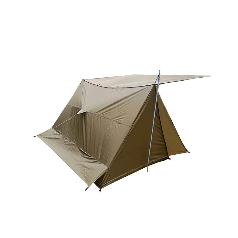 Brown single-layer shelter tent for two to three people with aluminium alloy rods set up on grass