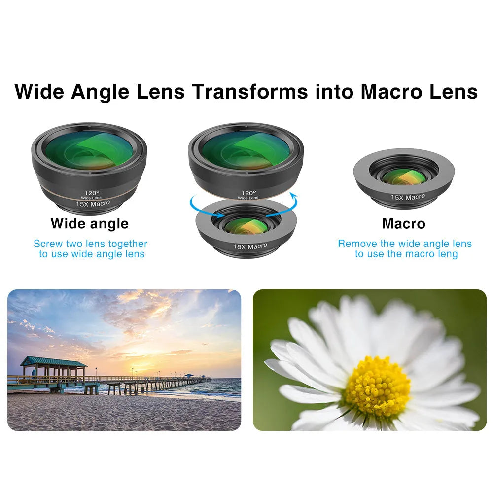 Black 6-in-1 universal smartphone camera lens kit with fisheye, wide-angle, macro, and telephoto lenses in an EVA case.