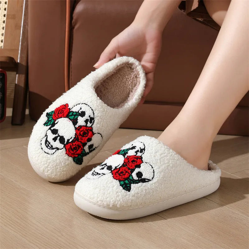Halloween skull rose slippers with thickened plush upper and TPR sole, white background