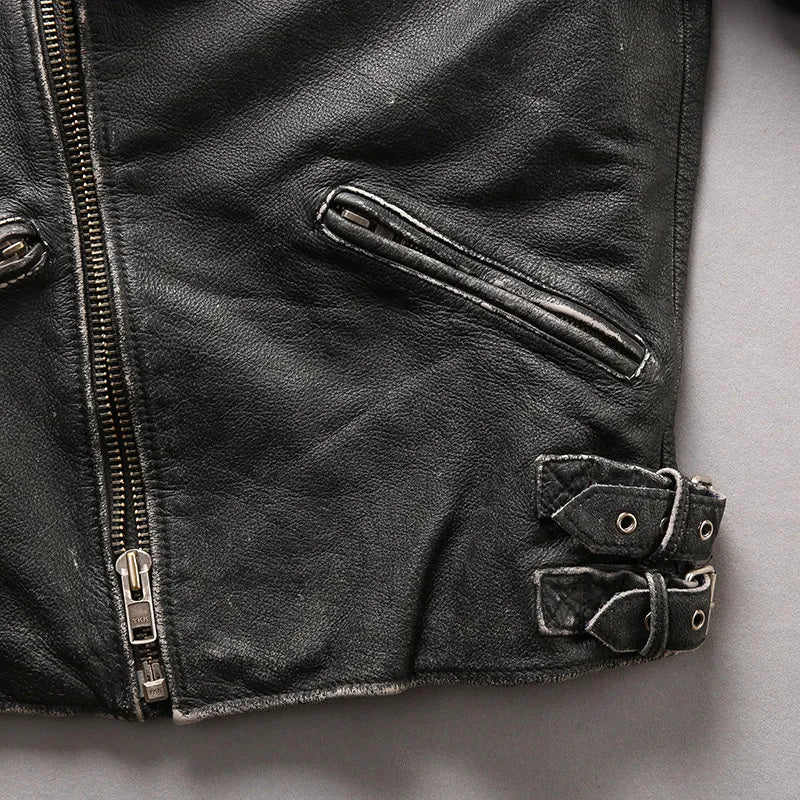 Men's distressed stand collar cropped slim leather jacket in black top layer cowhide seen from front