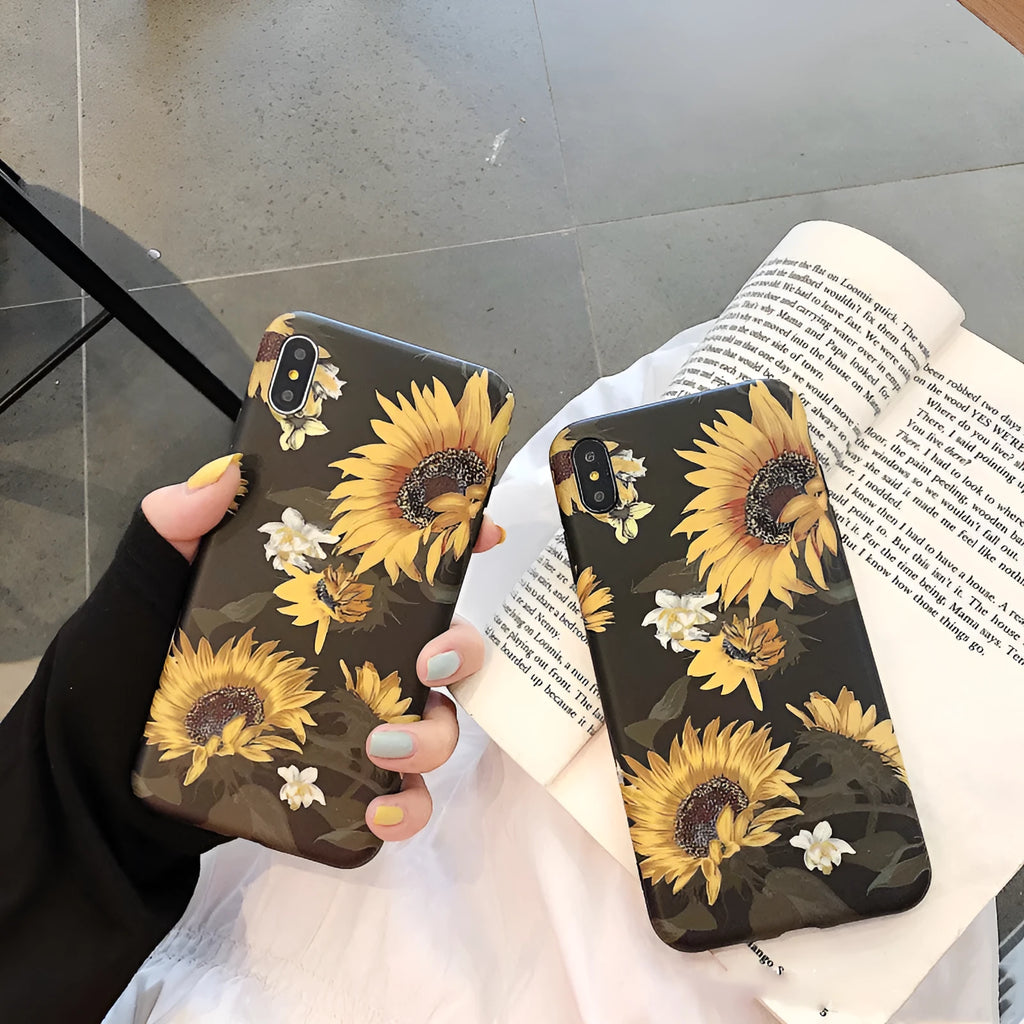 Black sunflower flower phone case for iPhone models, silicone TPU back cover with oil spray water paste floral design