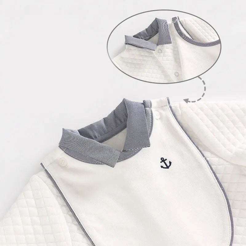White long sleeve cotton baby romper for boys in sizes from 59cm to 90cm.