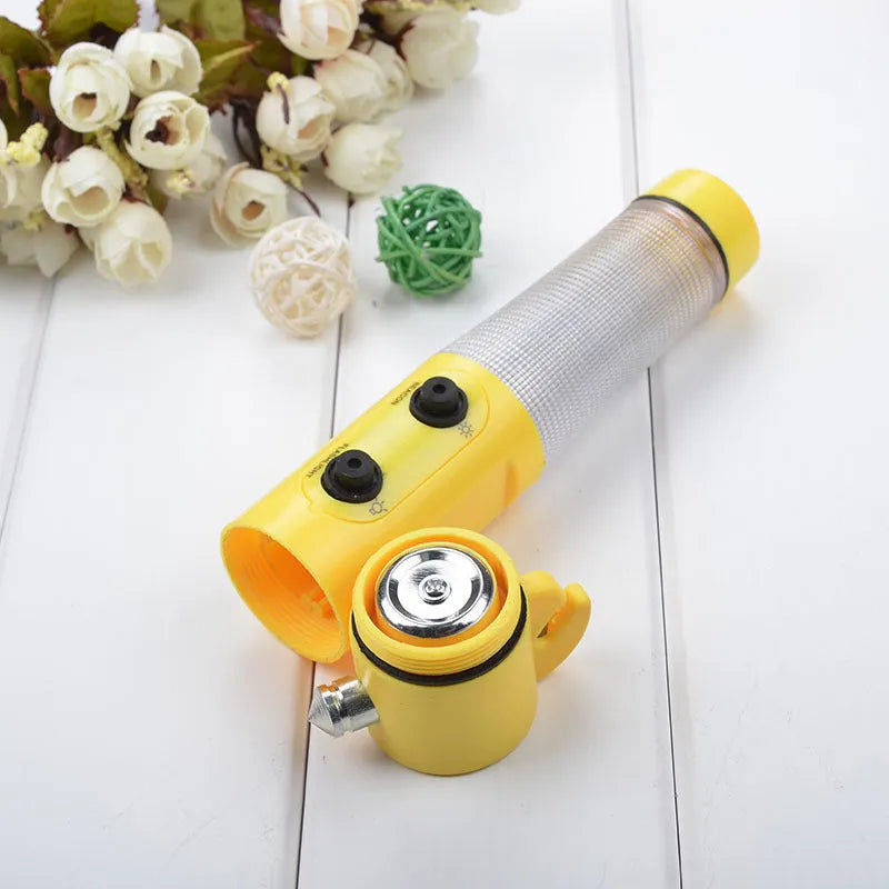 4-in-1 car emergency safety hammer with LED torch, belt cutter, and window breaker, 19.5cm, black