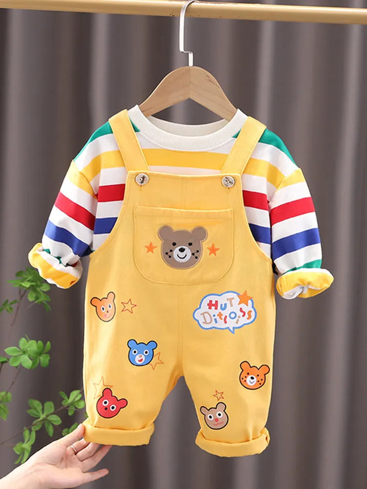 Boys' plaid cotton overalls suit with shirt and strap trousers in yellow colour
