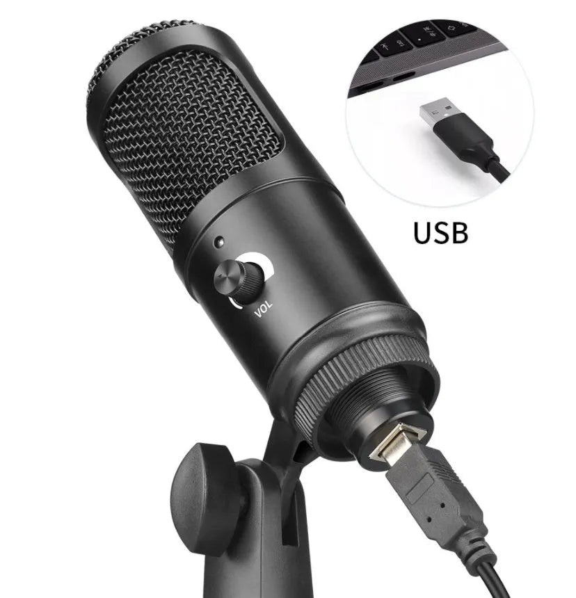 Black USB condenser microphone with integrated volume knob for laptop recording