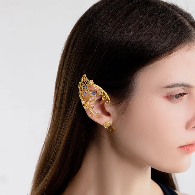 Handmade elf ear clip for women leaf shape gold pair clip-on earrings European American design electroplating finish