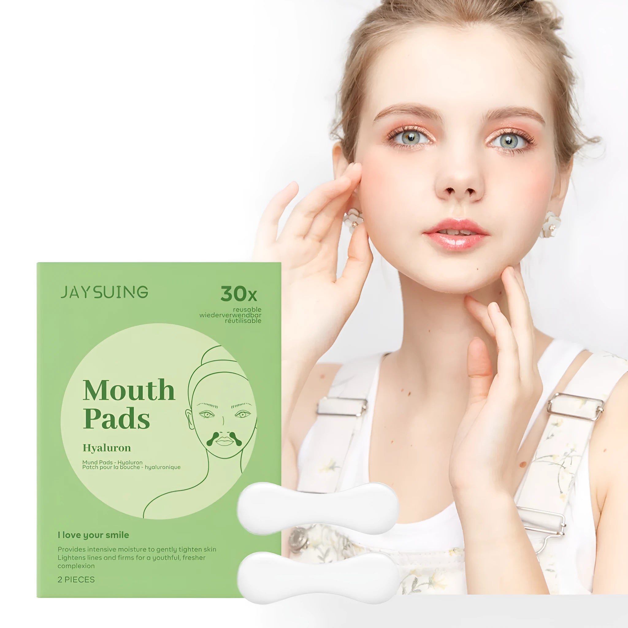 Two facial skin firming patches with hyaluronic acid and collagen ingredients