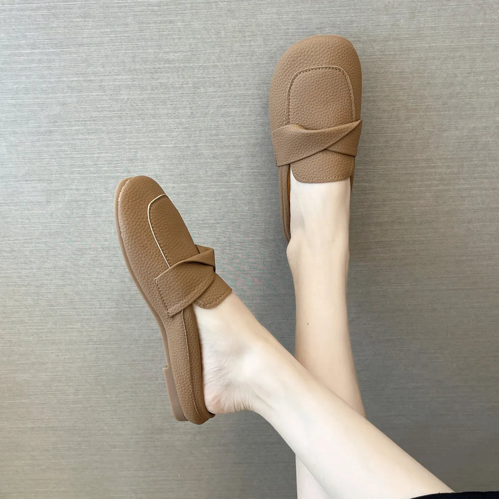 Women's closed toe half slipper loafers in beige, black, or brown with PU upper and rubber sole, sizes 35-40