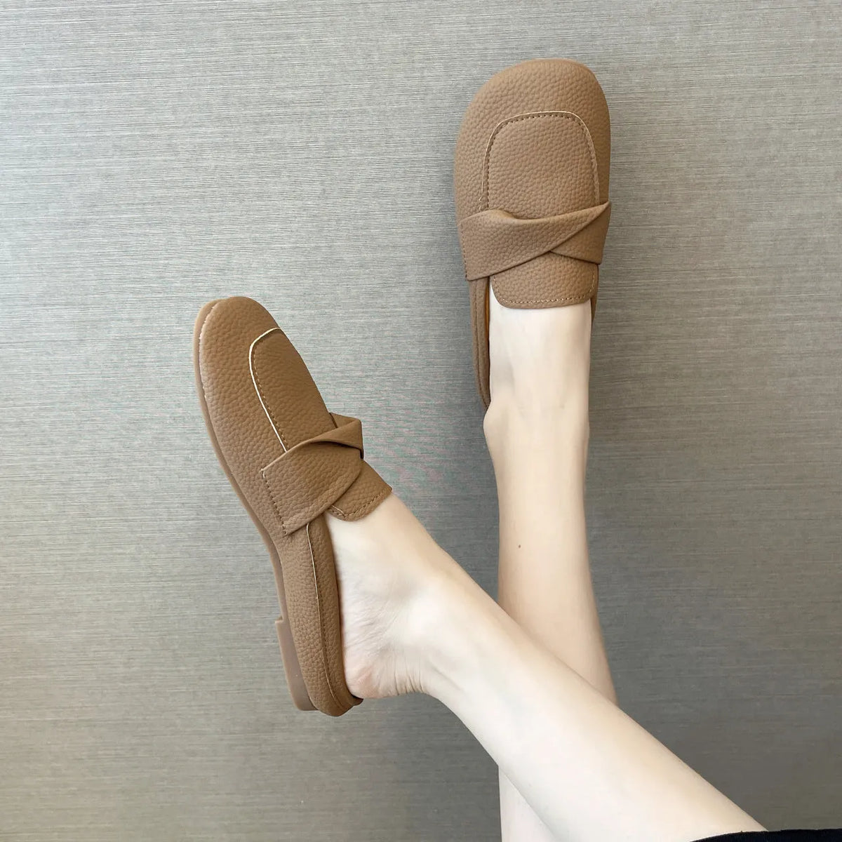 Women's closed toe half slipper loafers in beige, black, or brown with PU upper and rubber sole, sizes 35-40