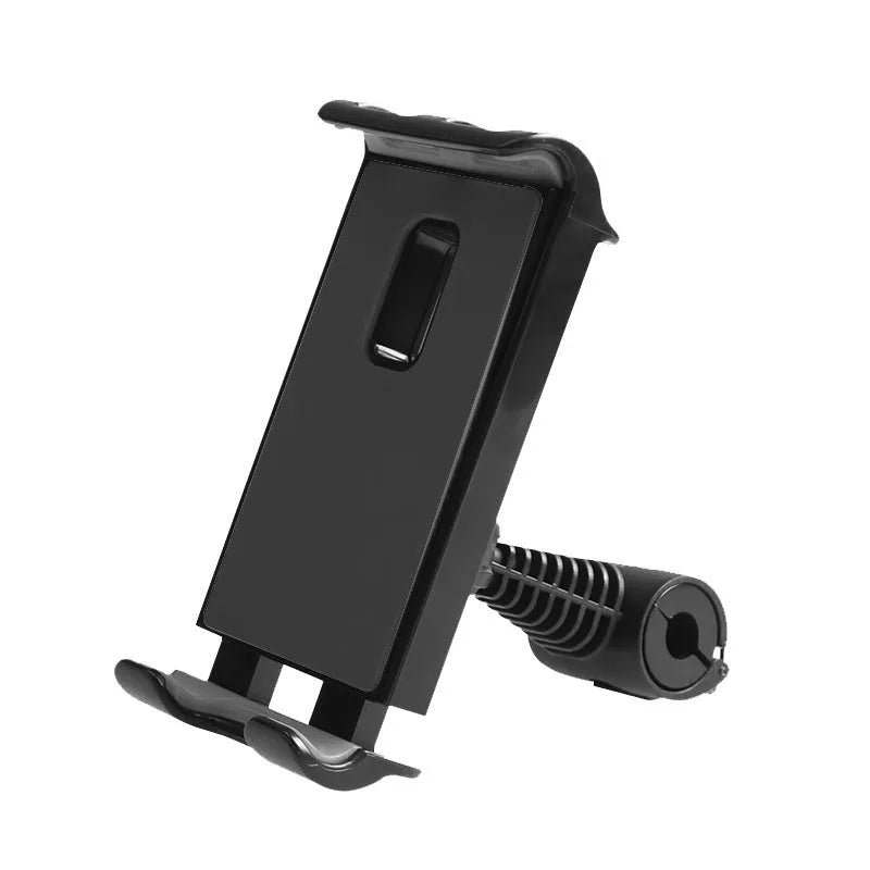 Black car headrest bracket holding tablet with 360-degree rotation mechanism