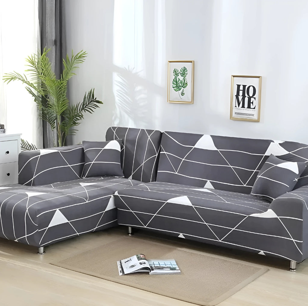 L-shaped stretch sofa cover with elastic fabric and sponge strip design on a grey sofa