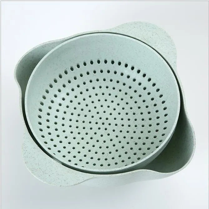 Double-deck plastic rice washing sieve basin in blue with drainage holes, 29.5x13.5x9cm