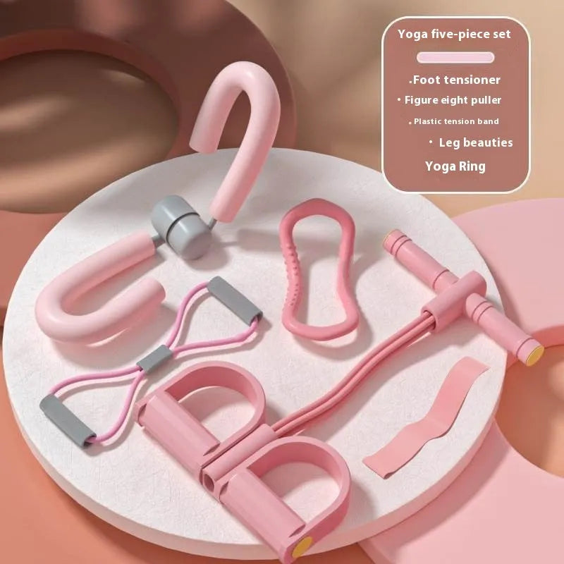 Yoga four piece fitness set with leg stretcher, pedal device, yoga ring, and figure eight tension rope.