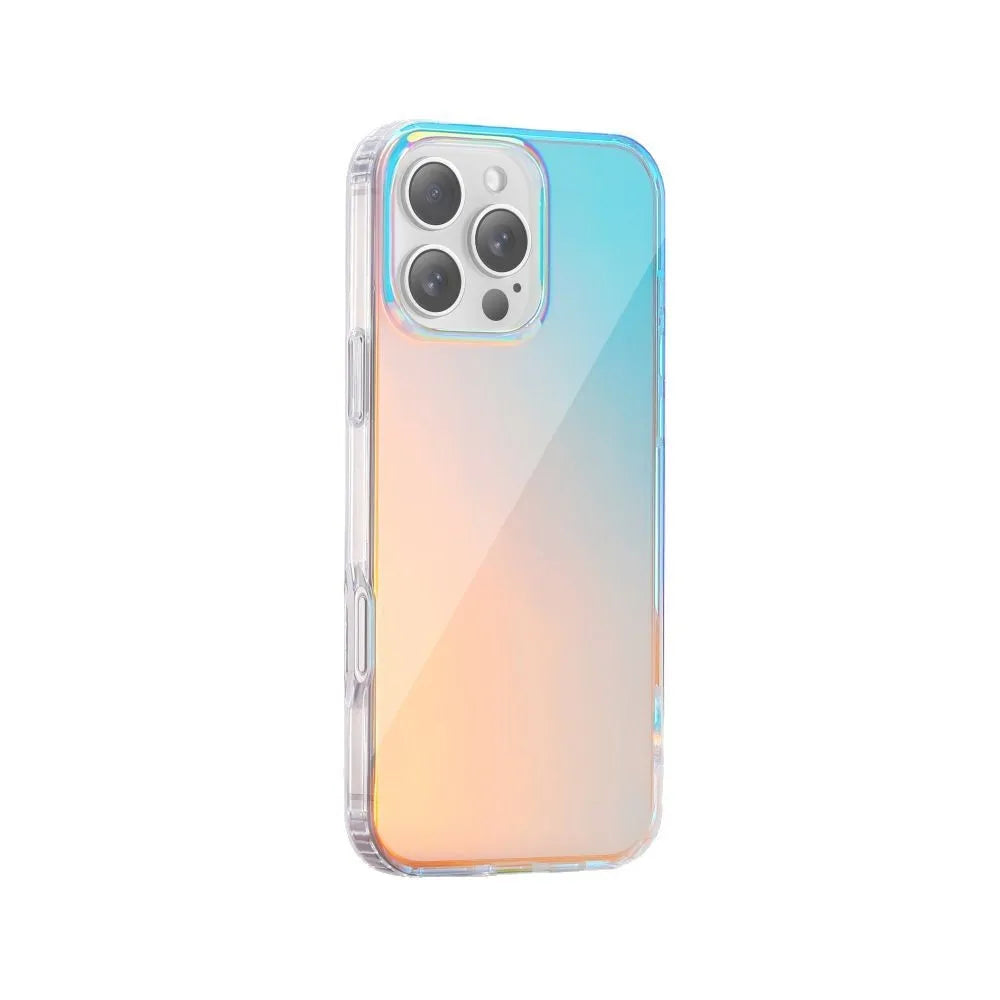 Glossy transparent magnetic iPhone case with colour-changing chameleon finish on a smartphone.