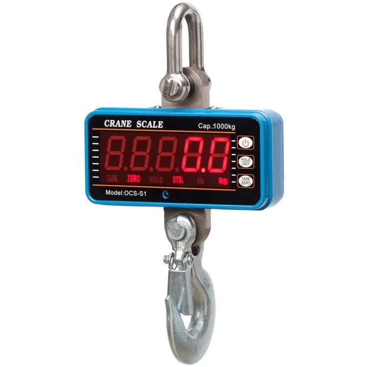Orange digital display electronic crane scale with hook for 500 kg heavy-duty weighing.
