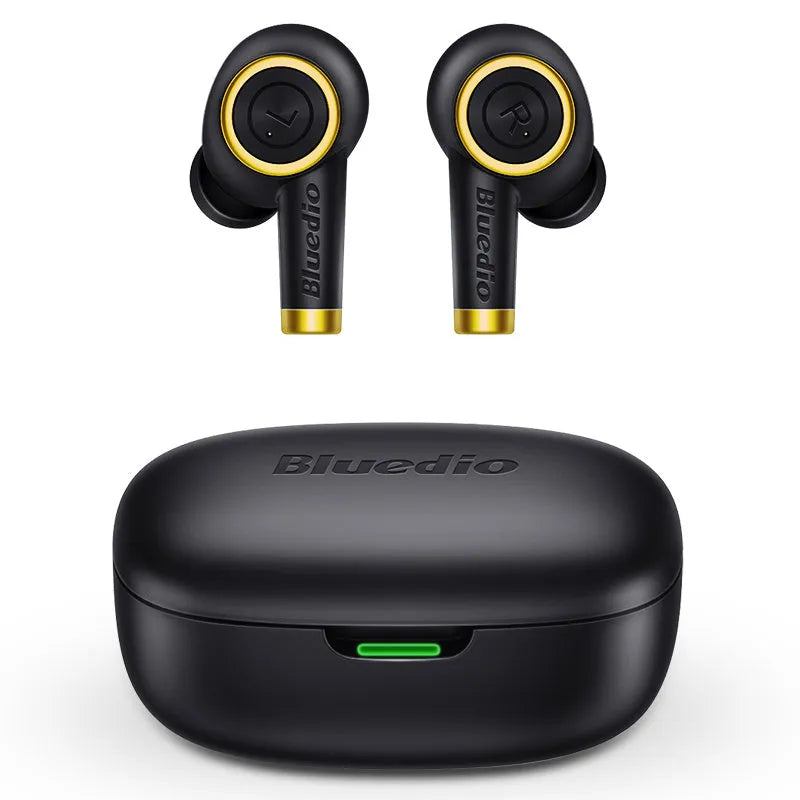 Black true wireless sports headphones with silicone earplugs and a USB Type-C charging cable.