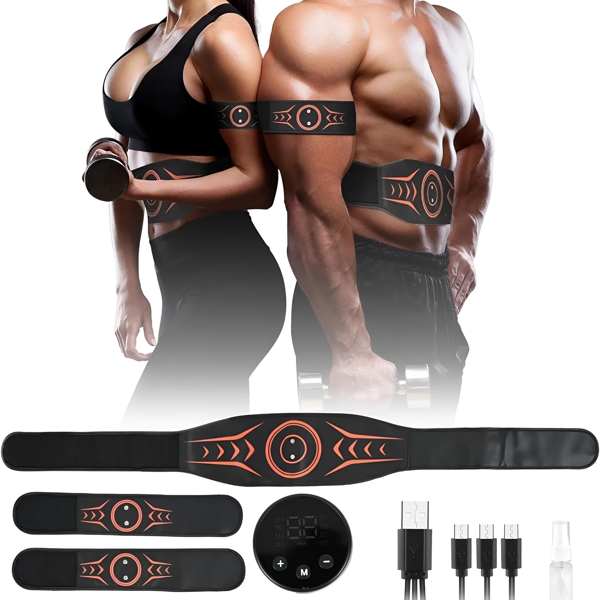 Rechargeable EMS abdominal muscle training belt with arm stickers and extension strap