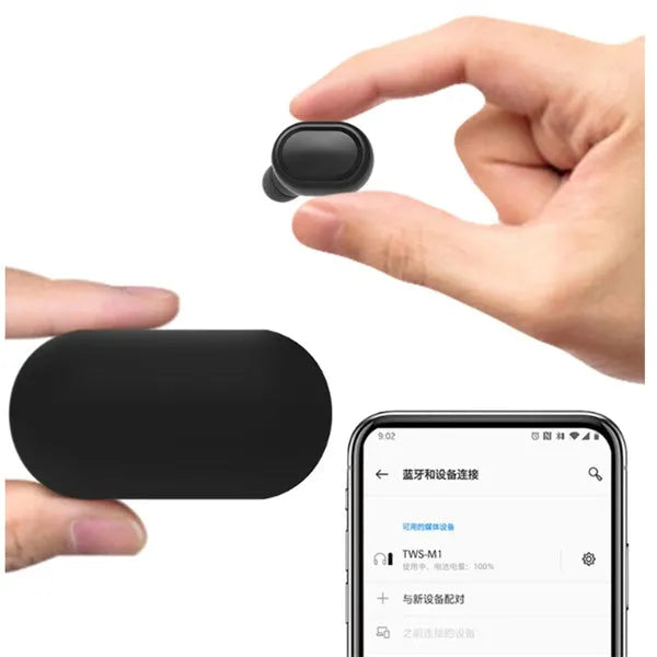 M1 Bluetooth wireless earphones in black or white colour with earbud style design