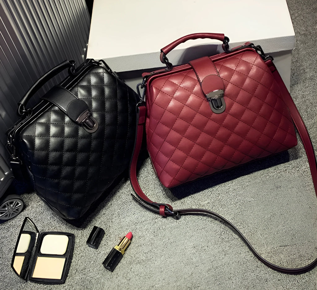 Lingge leather retro doctor bag shoulder bag in black, red, white, and yellow colours for women summer 2021