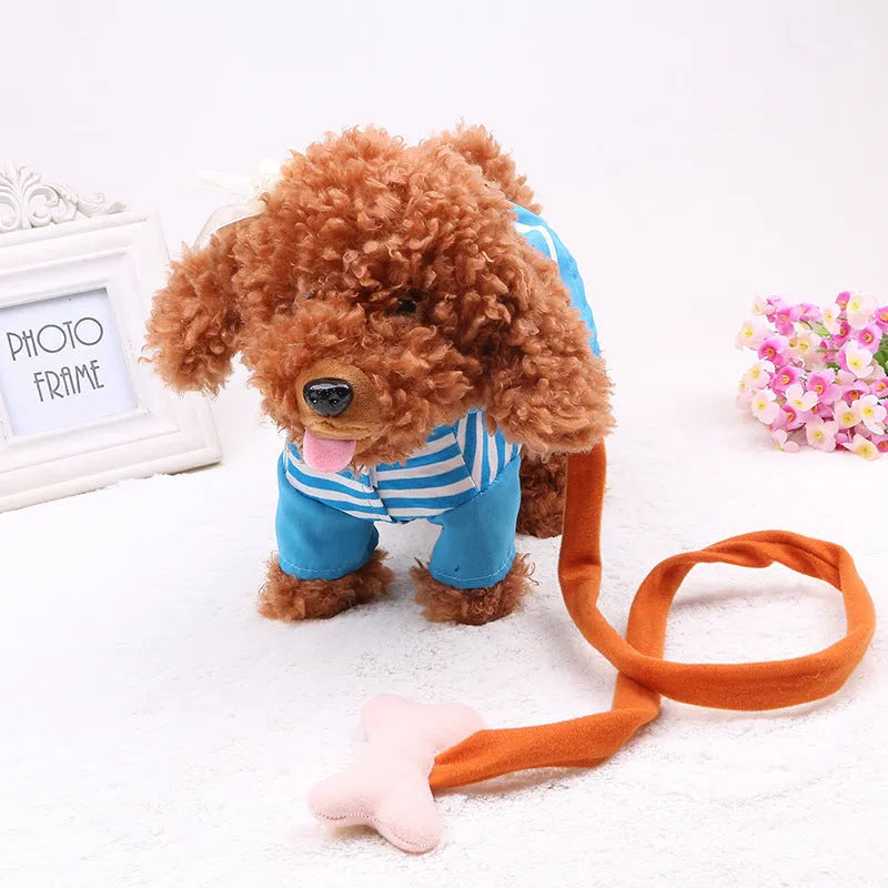 Blue electronic toy that walks, sings, and twists on a plain background.