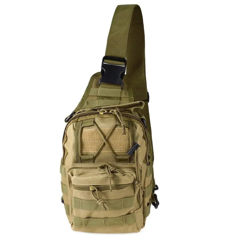 Compact camouflage tactical backpack with MOLLE webbing on front, carried as a shoulder bag.