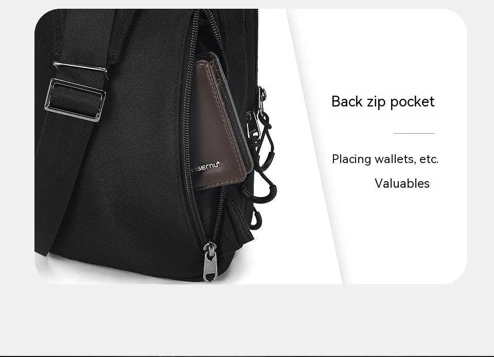 Casual black TPU camouflage print chest bag with adjustable strap, shown in a square vertical shape.