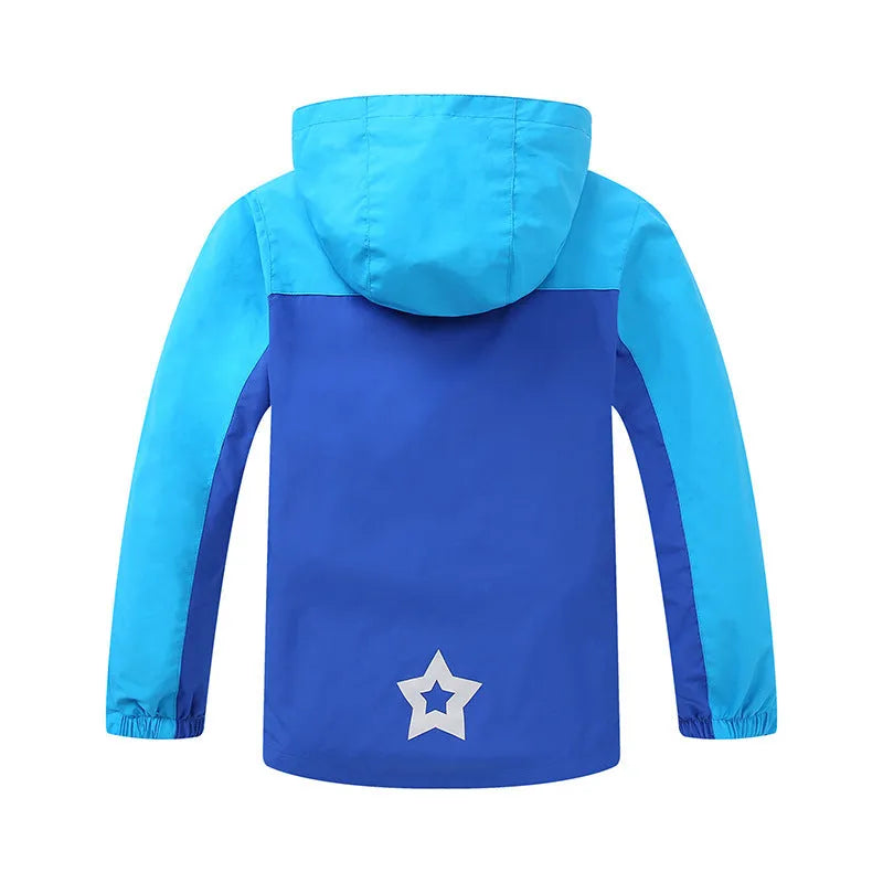 Blue thin children's autumn jacket with long sleeves and a front zip, laid flat showing size label.