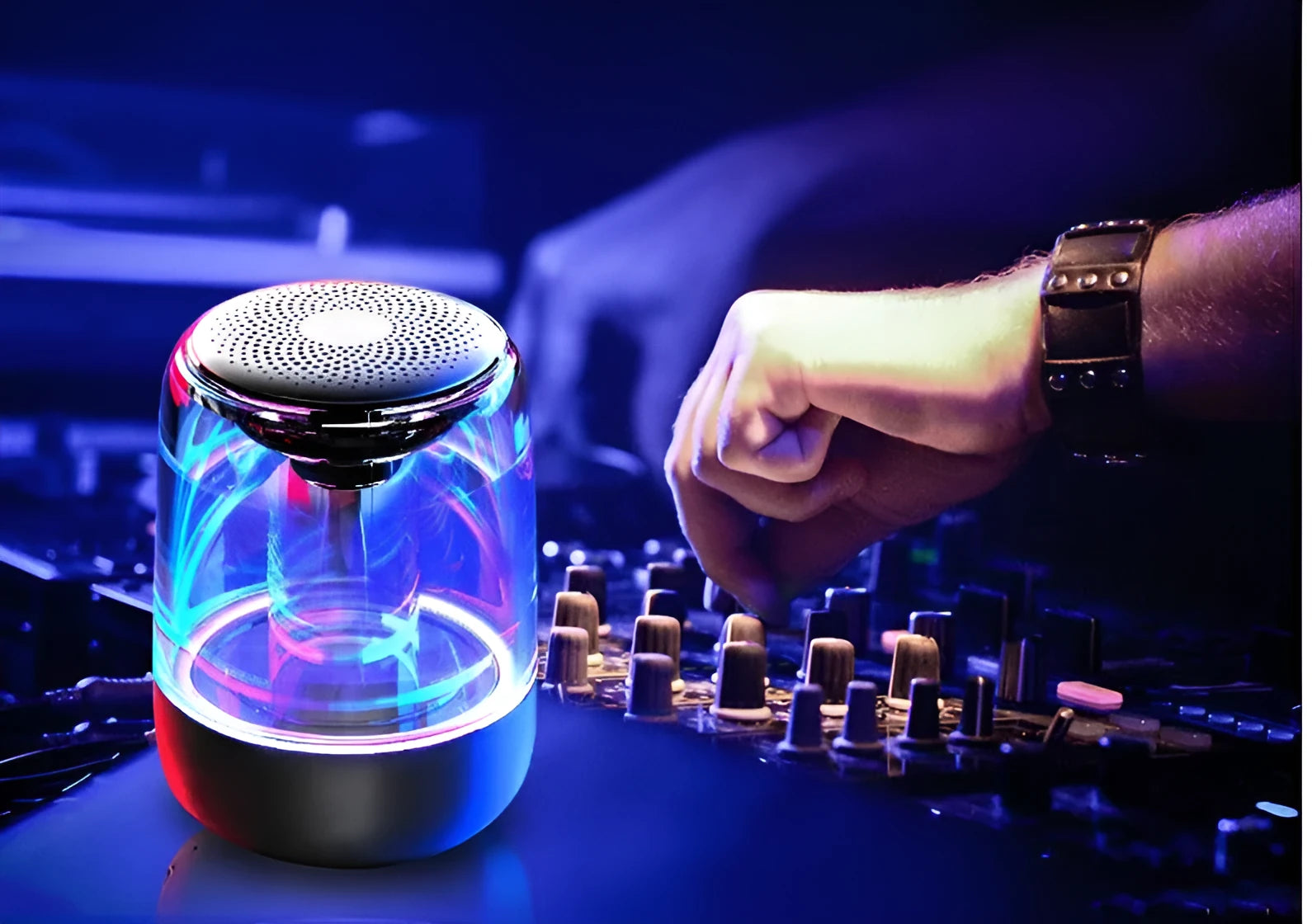 C7 portable Bluetooth speaker in black with variable colour LED light and control buttons