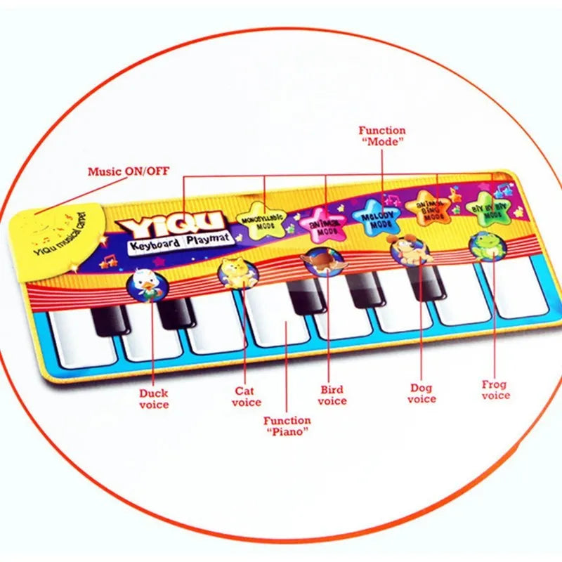 Baby musical piano playmat with colourful shapes and kick-activated placket on soft fabric floor mat