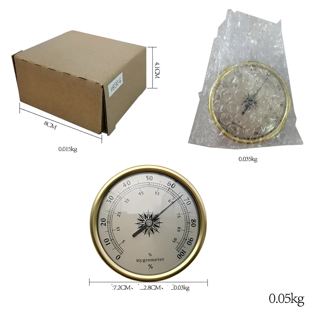 Aluminium analog thermometer and hygrometer with a circular dial for indoor and outdoor use.