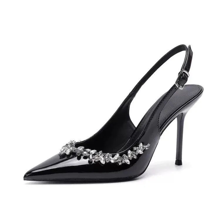 Rhinestone trim solid colour mid heel stiletto high heels for women black 7cm cut