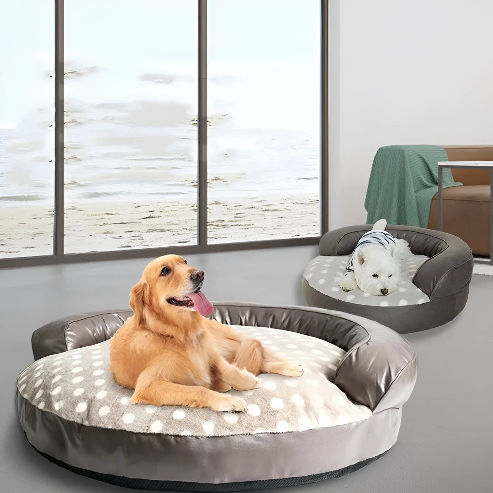 Large cloth dog bed mat in dot style khaki colour, 124 cm length, for indoor kennel use