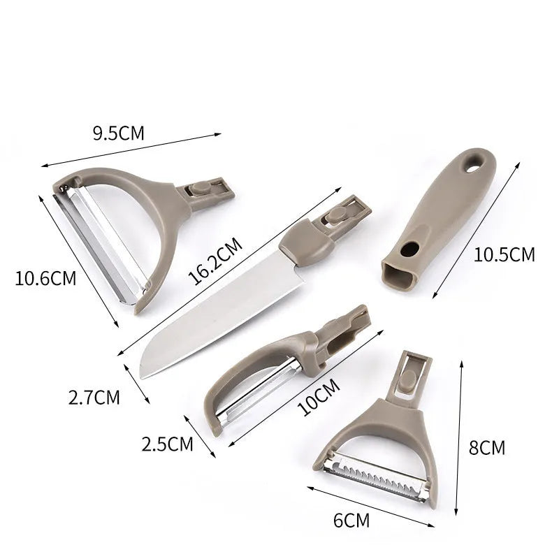 Three-piece stainless steel kitchen cutter set with wheat straw chopping board, fruit knife, and peeler
