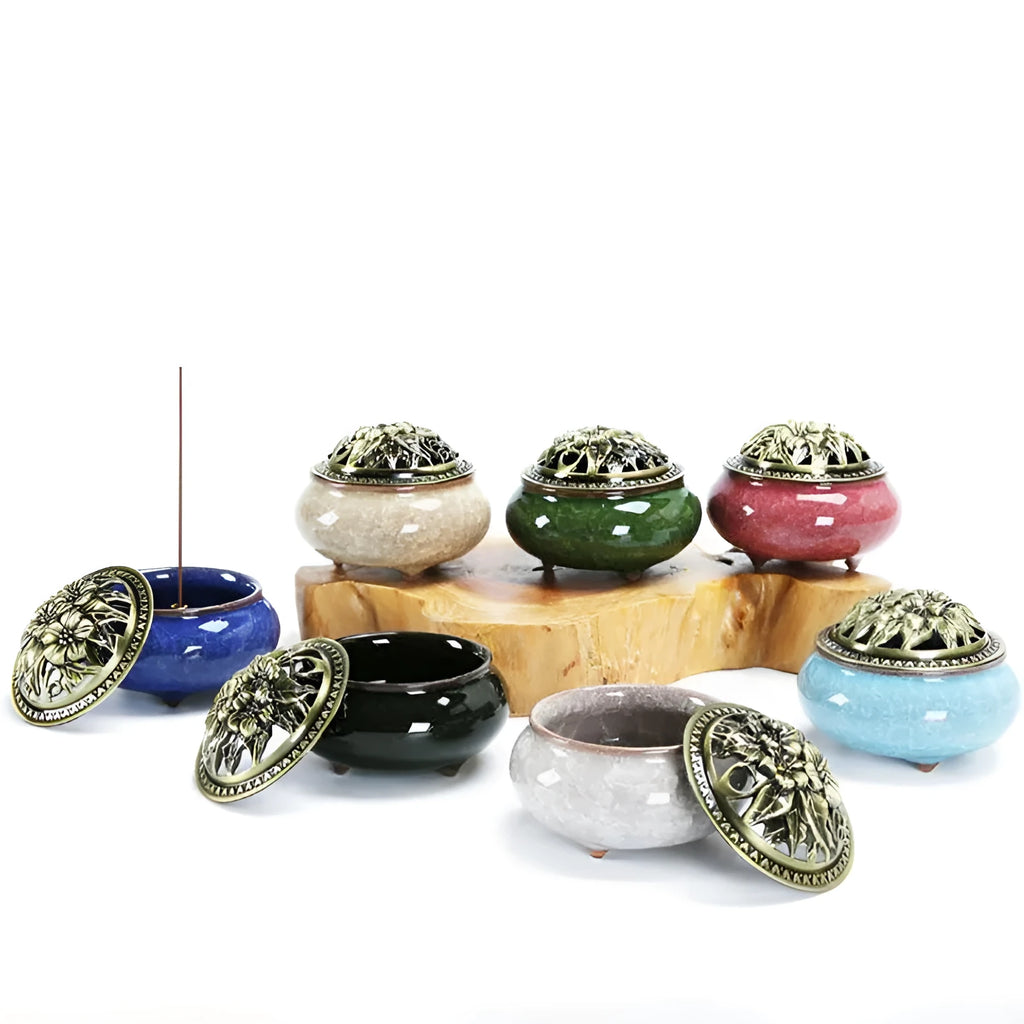 Ceramic retro package design incense burner available in multiple colours for meditation and decoration