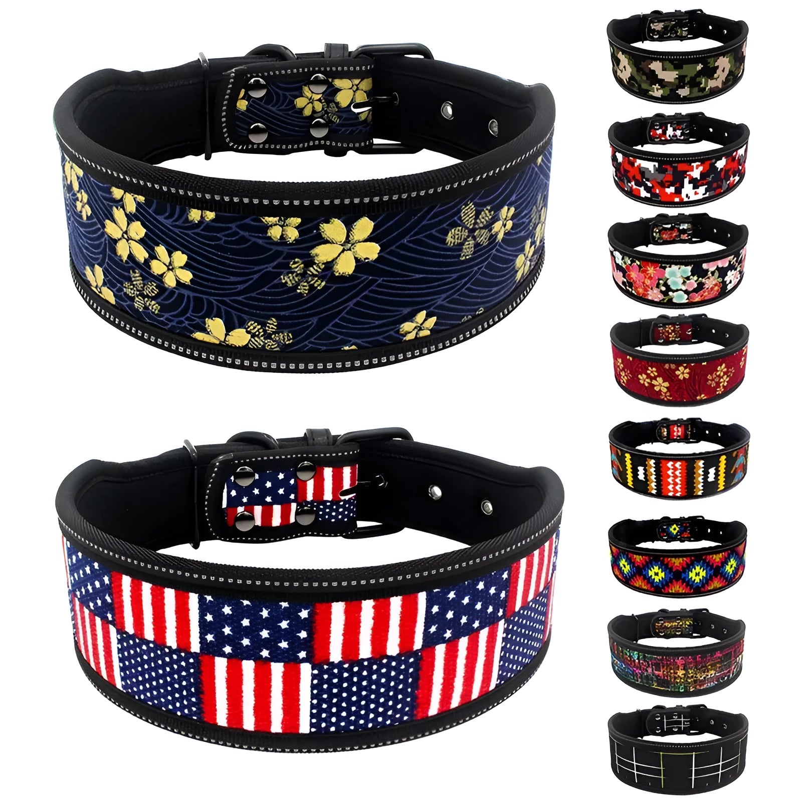 Cloth dog collar in Army Green colour on white background, three sizes available S M L