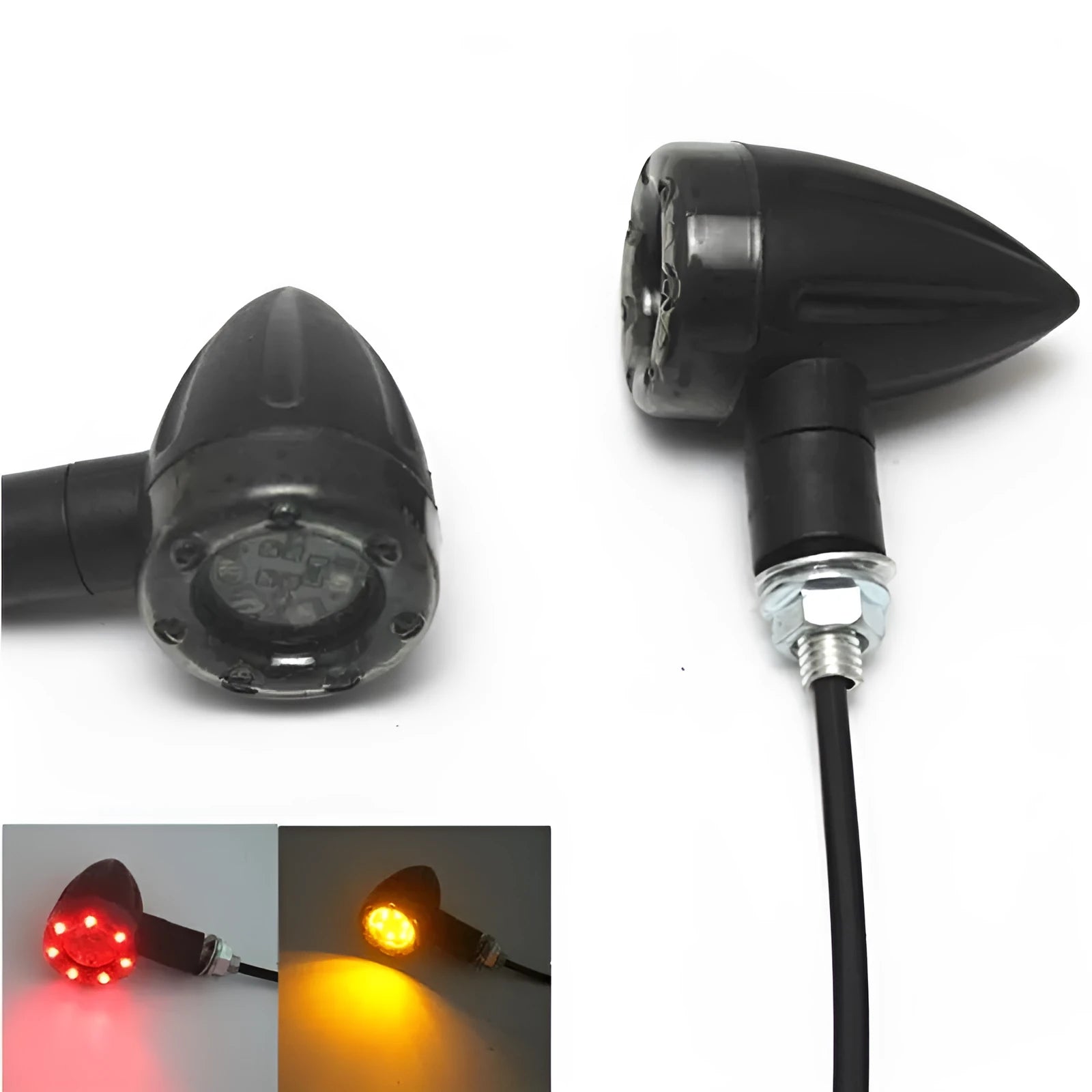 Pair of black 6LED motorcycle turn signals with smoke smoke cover and 8mm screw mount