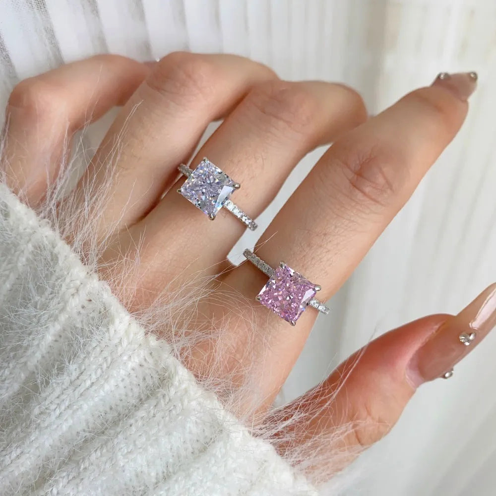 Sterling silver cube sugar ring with ice flower cut zircon, geometric quadrilateral design, women's sizes 5 to 9