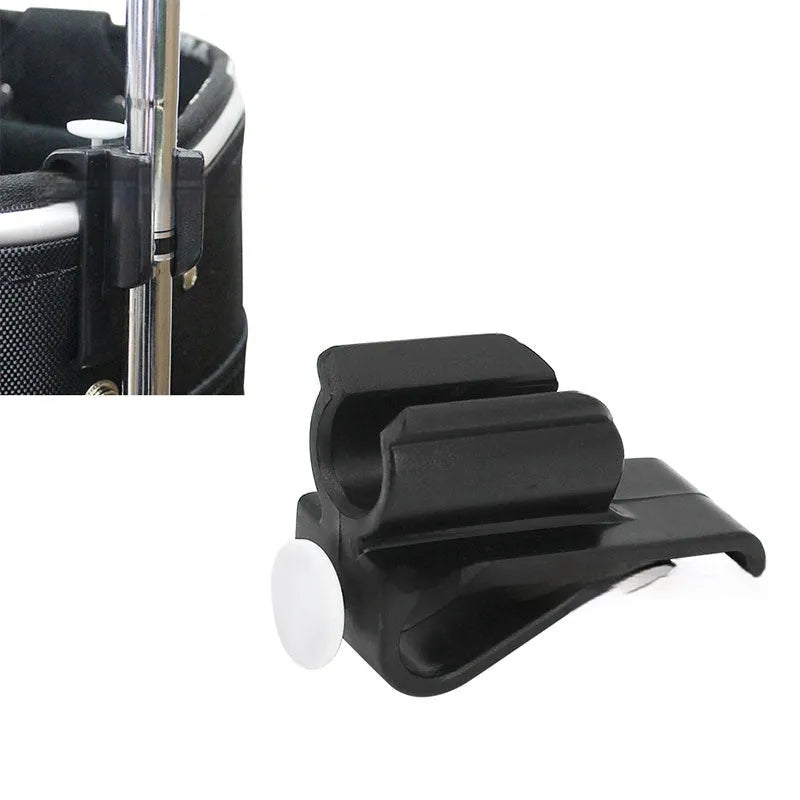 Black ABS plastic golf club clamp holding a golf club shaft