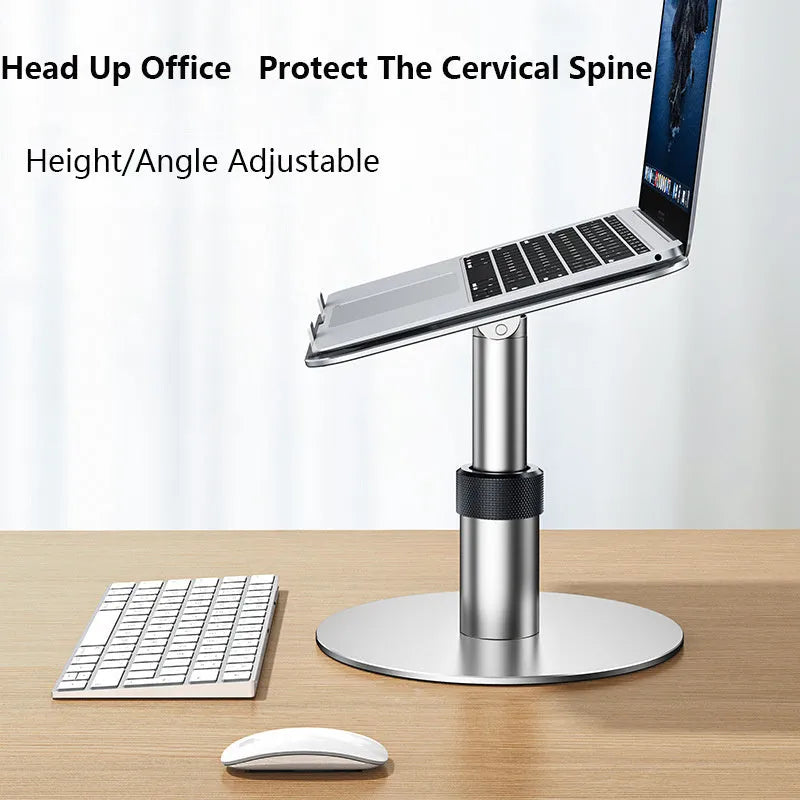 Silver adjustable aluminium laptop stand showing height adjustment and 360-degree rotating base.