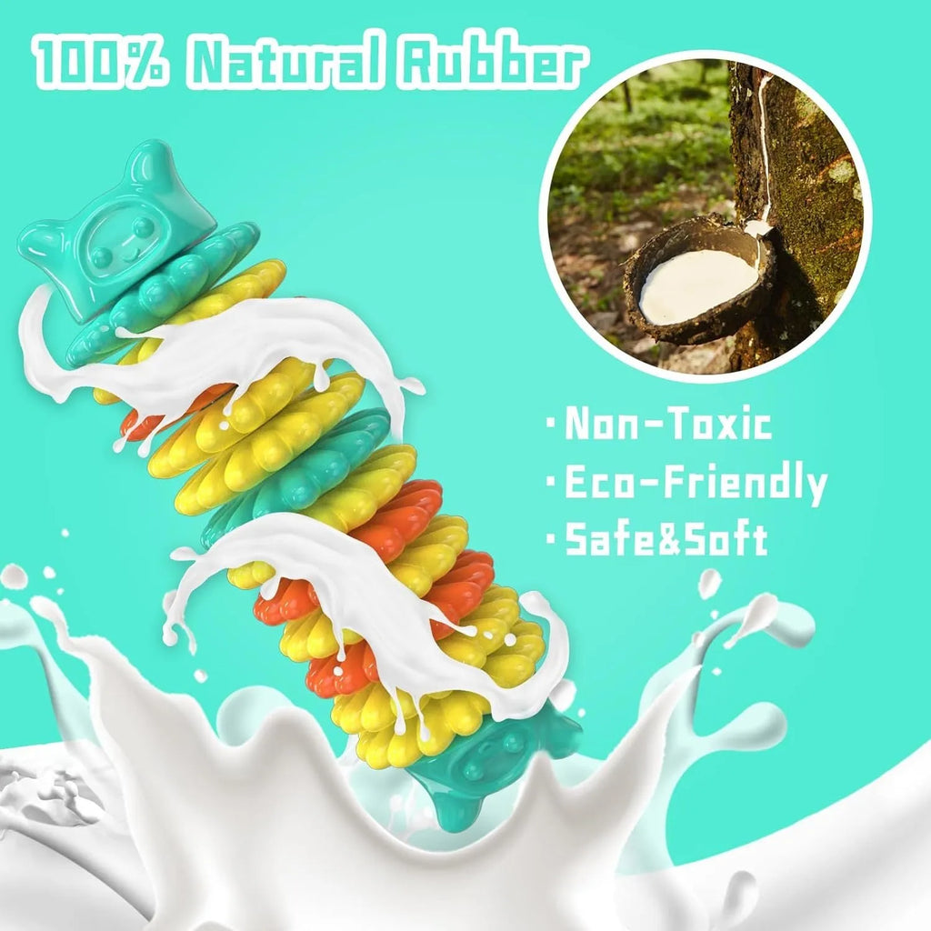 Blue, green, and pink caterpillar-shaped rubber dog chew toy for aggressive chewers.