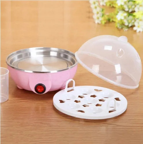 Multifunctional electric egg cooker with automatic power off and anti-dry protection, shown in blue, pink, or yellow